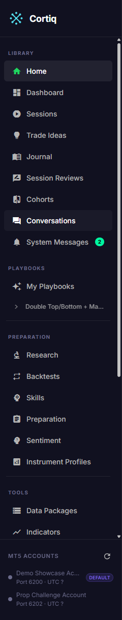 Cortiq desktop app sidebar showing the Library, Playbooks, Preparation, and Tools groups