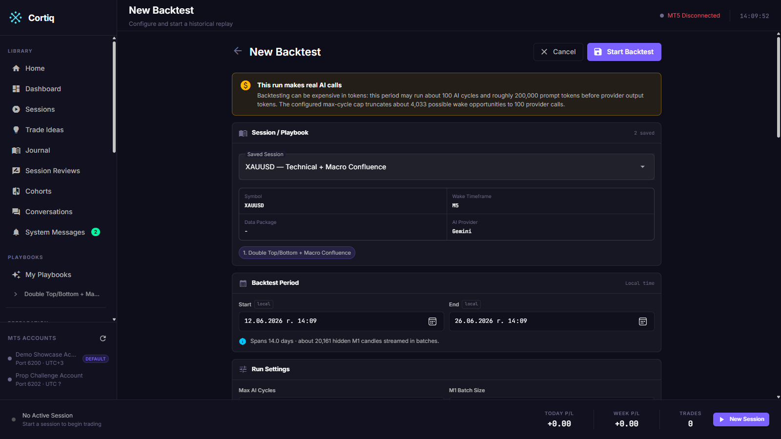 New backtest form showing session selector, UTC period fields, and run settings