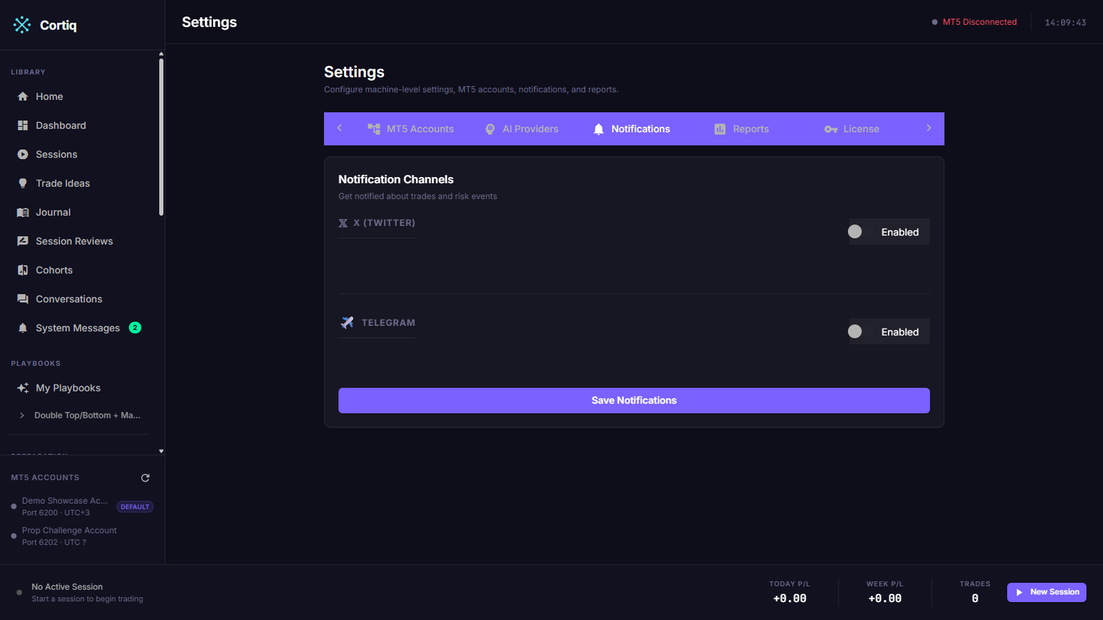 Notifications settings with Windows Toast, X, and Telegram channels configured