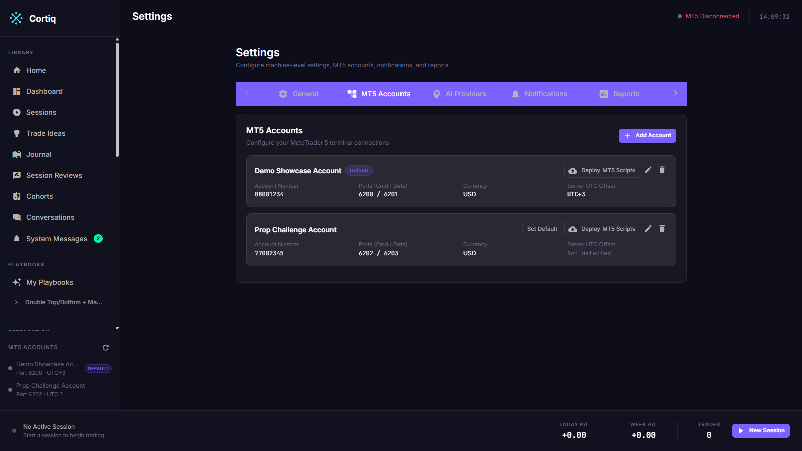 Cortiq Settings → MT5 Accounts panel