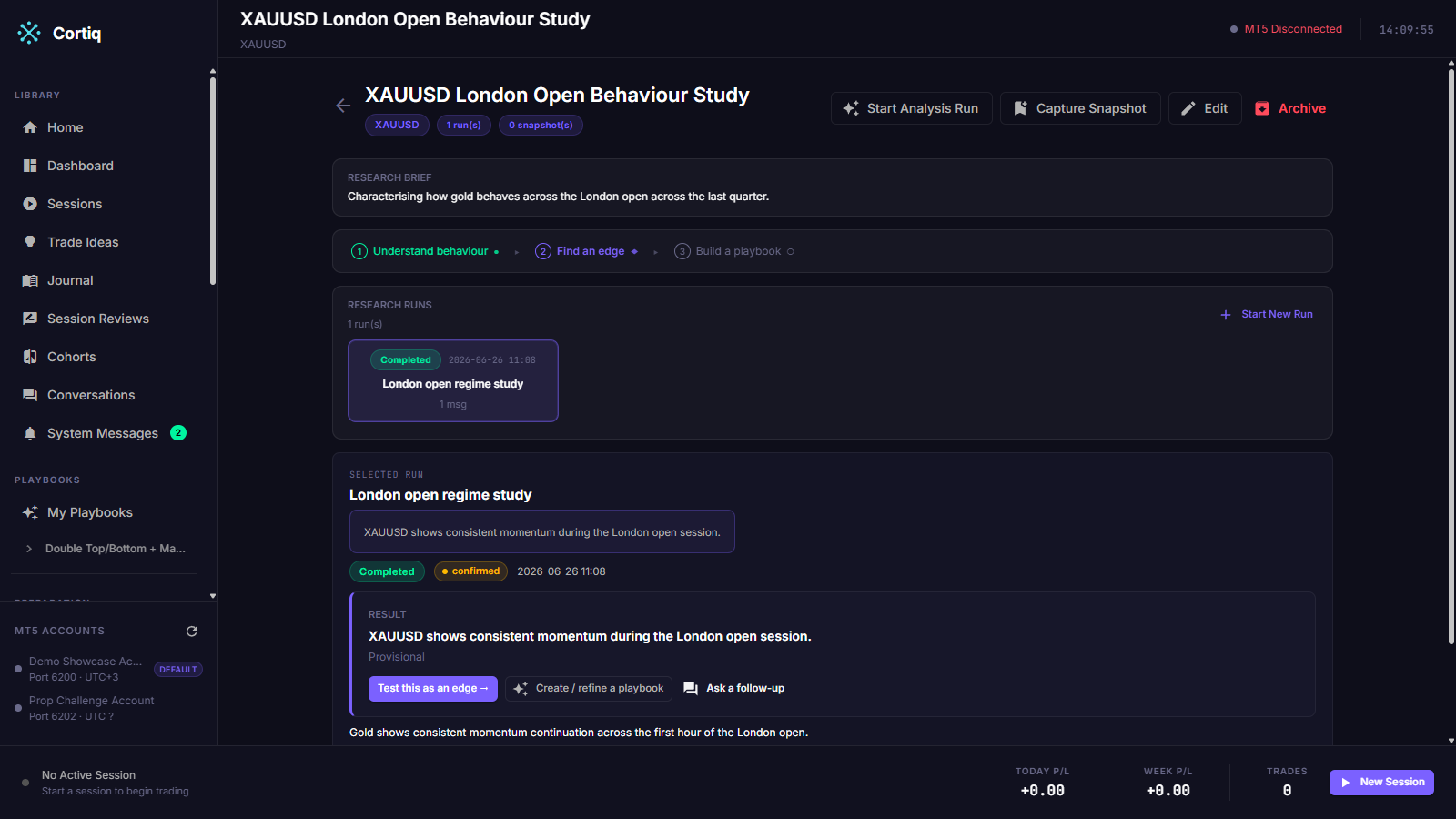 Research workspace showing the stage strip, results-first card, and the recommended next-step button