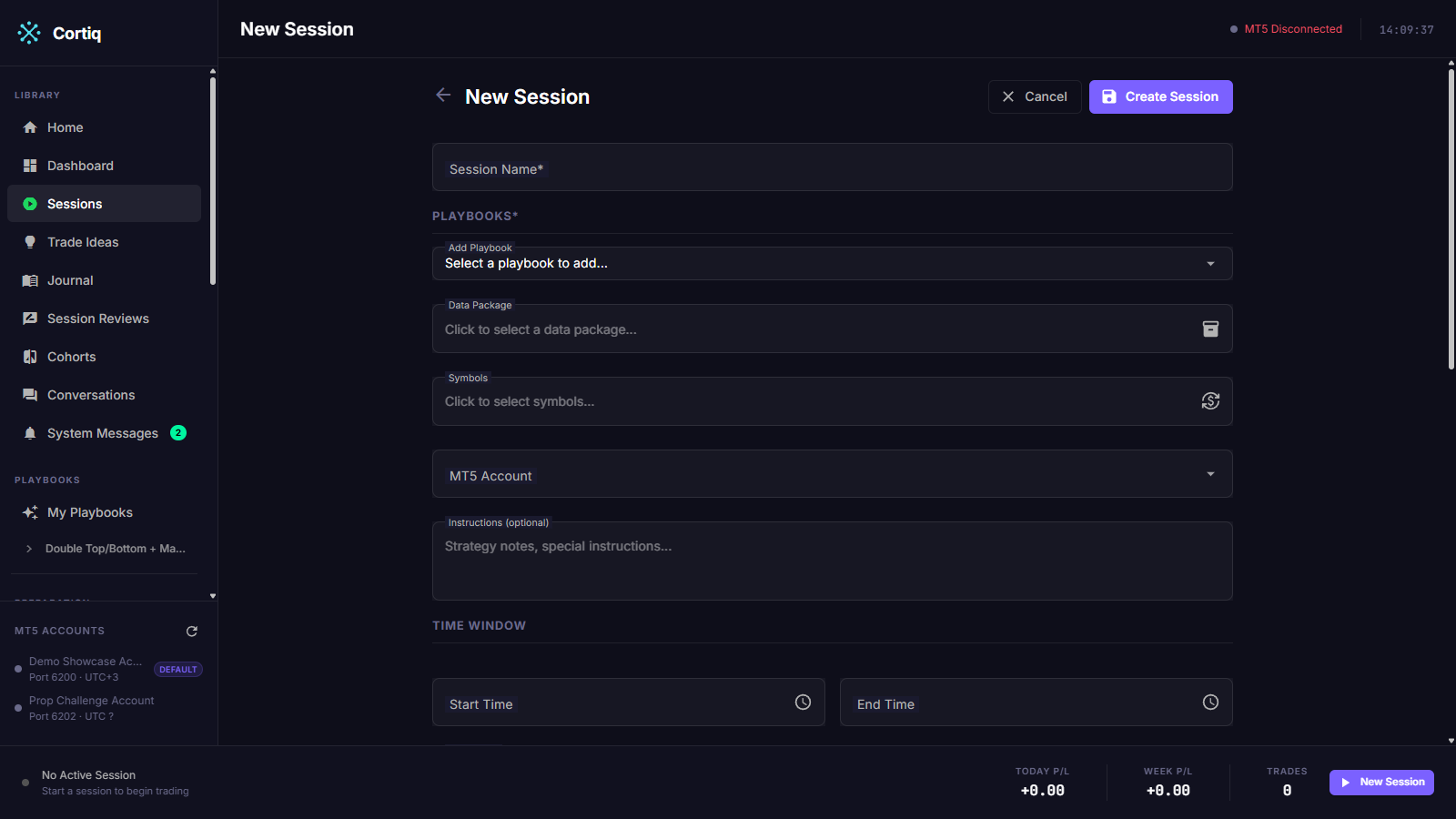 Cortiq's new-session form with Account, Symbol, Provider, Time Range, and Risk fields visible