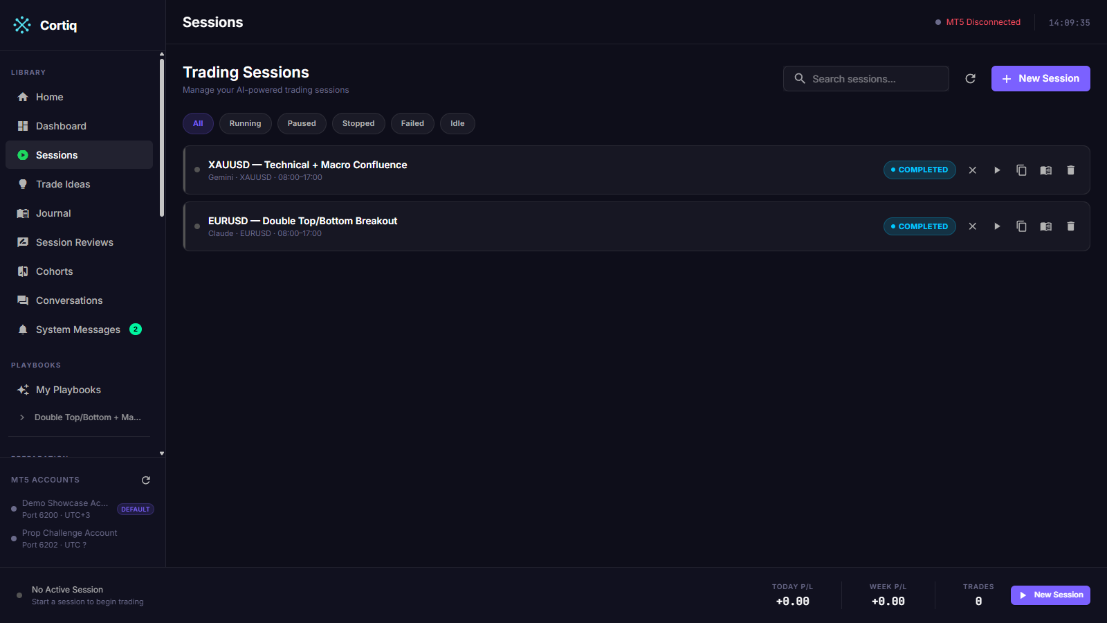 Sessions list with sessions at mixed statuses — Running, RiskPaused, Stopped, Completed