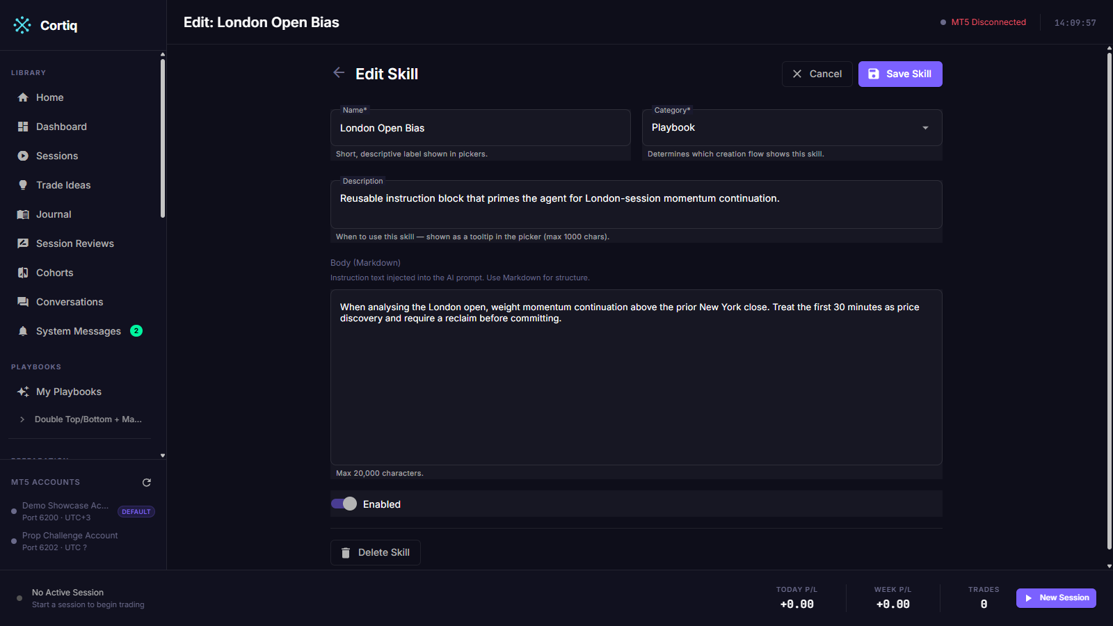 Skills editor showing the name, category, and Markdown body fields