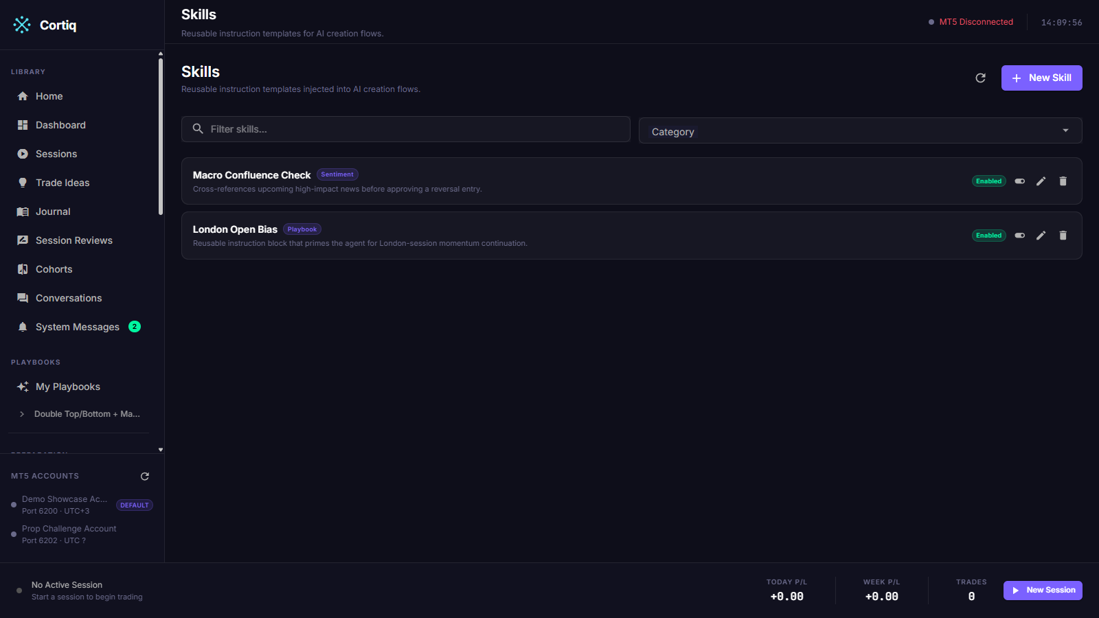 Skills page listing instruction templates with category and enabled state