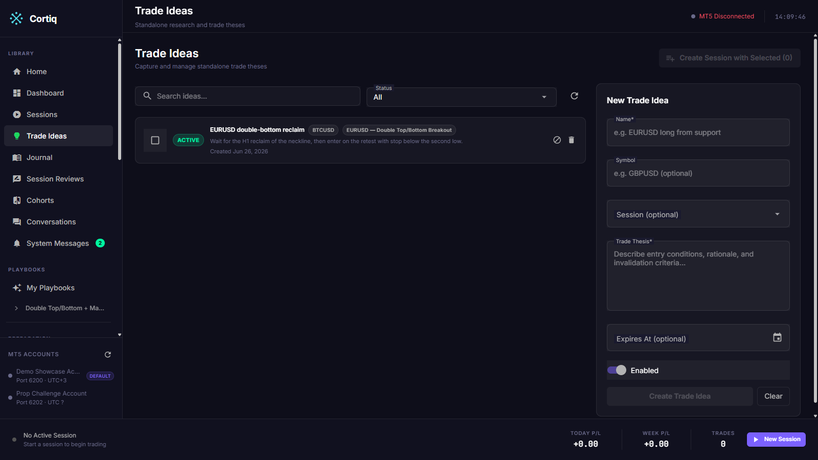 Trade Ideas page with several ideas at different statuses